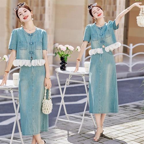 2025夏季新款盘扣新中式花边减龄显瘦牛仔短袖半身裙套装YLFS8908 商品图2