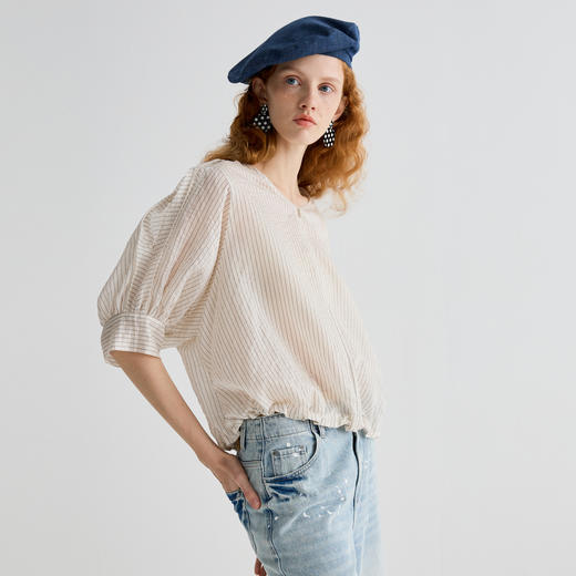 谜底衬衫七分袖女2025夏季新品通勤单排扣宽松T型短上衣252MS0516 商品图1