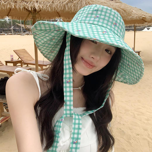 【新款韩版ins格纹系带渔夫帽】夏日户外出游大帽檐 双面防晒遮阳帽子  商品图1