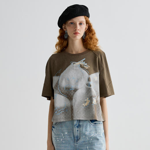 谜底T恤短袖女2025夏季新品休闲日常印花宽松H型短上衣252MT0602 商品图0