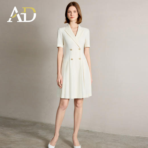 AD女士夏季连衣裙2025新款金属双排扣米色短袖西装裙 商品图2