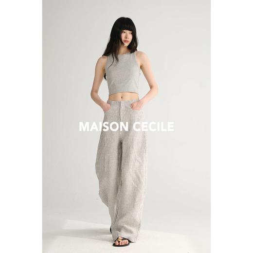 MAISON CECILE 色织亚麻条纹高腰弧形显瘦宽松休闲口袋镰刀裤 商品图4