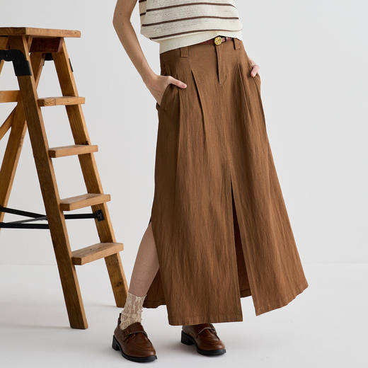 谜底半身裙女2025夏季新品通勤简约高开叉宽松A型长半裙252MB0538 商品图1