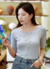 蓝L1臣禾	（小胸显大）一字领针织T 水波纹无缝短袖上衣	JZ252050875 商品缩略图0