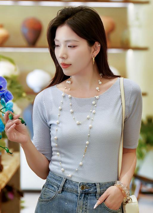 蓝L1臣禾	（小胸显大）一字领针织T 水波纹无缝短袖上衣	JZ252050875 商品图0