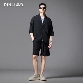 PINLI品立夏季新款男凉感冰丝宽松短裤潮牌黑色西装休闲套装V242117008