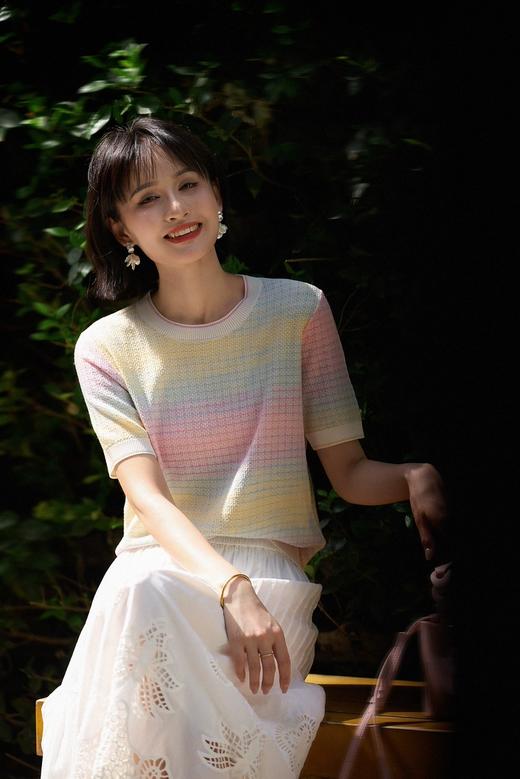 彩虹梦境多巴胺渐变花纱天丝真丝针织短袖T恤衫 商品图6