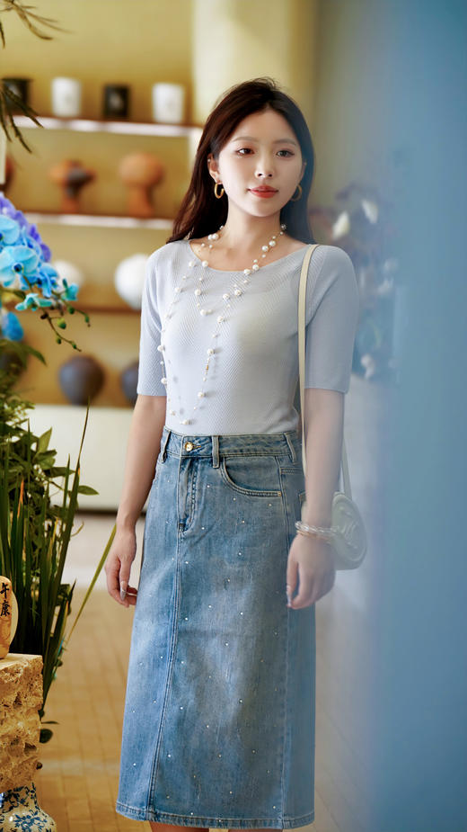 蓝L1臣禾	（小胸显大）一字领针织T 水波纹无缝短袖上衣	JZ252050875 商品图1