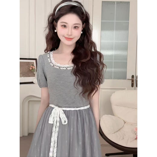 【65折秒杀】鹿向南「灰色童话」法式蕾丝花边薄纱女夏季连衣裙高腰短袖长裙子QYM002593 商品图0