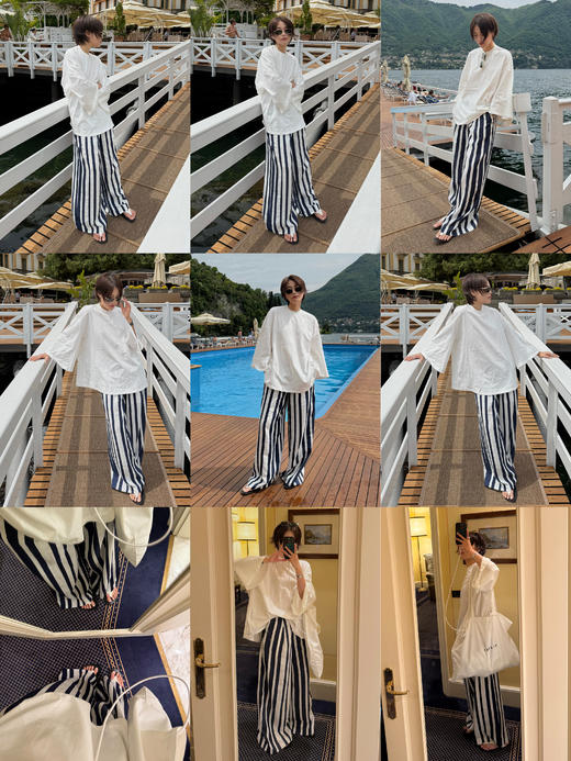 HIDEMI 度假系列慵懒蓝白条纹多重水洗条纹长款衬衫裙阔腿裤套装 商品图1