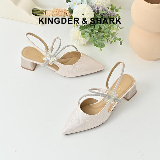 经典鲨2025年夏季款优雅尖头仙女风甜美蝴蝶装饰粗跟凉鞋女KW87-529051 商品图0