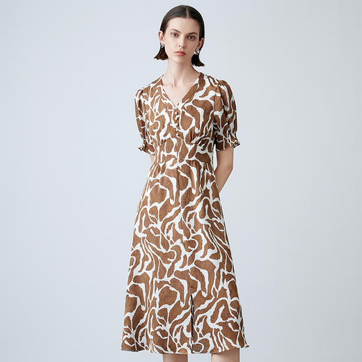 EITIE爱特爱夏季新款V领收腰泡泡袖印花显瘦连衣裙7807544 商品图2