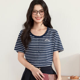 【积分换购不退货】【特惠不退货】诗凡黎圆领条纹T恤2024夏新款洋气短袖上衣3F5200521
