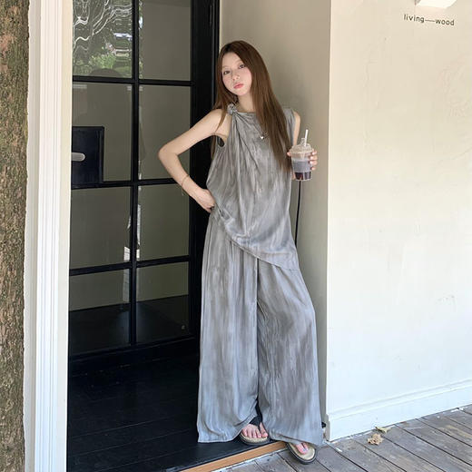 西遇无袖上衣套装女夏季新款宽松灰色垂感阔腿拖地裤两件套SS050762(下装SS050763) 商品图0