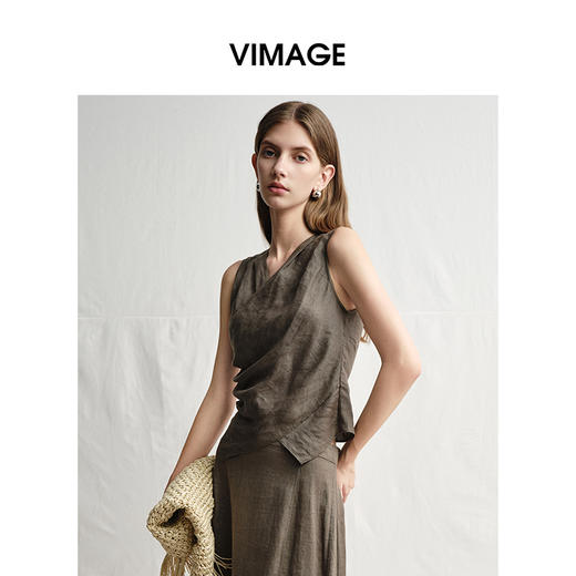 VIMAGE纬漫纪亚麻T恤法式无袖显瘦上衣女夏季新款V2313936 商品图3