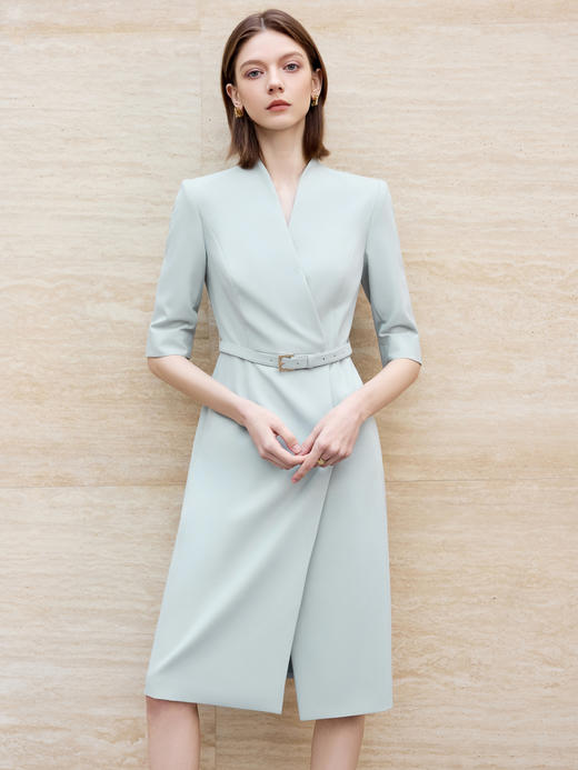 浅蓝色V领轻职业连衣裙高端大气上档次 商品图2
