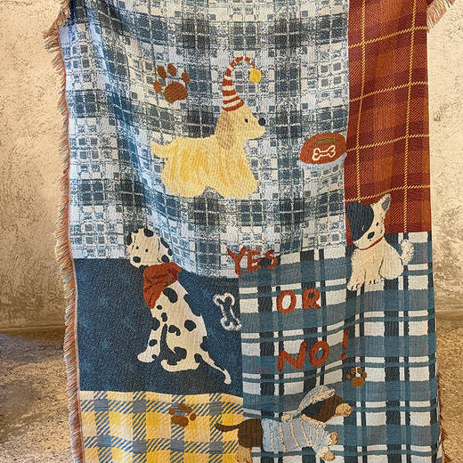 自然醒中古风艺术挂毯沙发毯复古美式田园格子拼接小狗针织毯午睡盖毯野餐布垫MT 商品图2