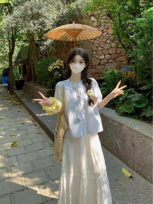 8.3秒杀（微脏）～系带花朵。夏季温柔风立体花朵宽松薄棉短袖小衫-喜出 商品图4