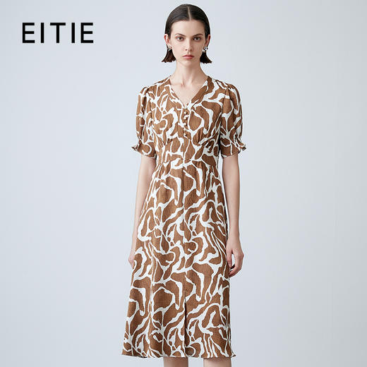 EITIE爱特爱夏季新款V领收腰泡泡袖印花显瘦连衣裙7807544 商品图0