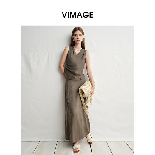 VIMAGE纬漫纪亚麻T恤法式无袖显瘦上衣女夏季新款V2313936 商品图2
