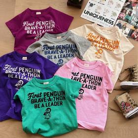 2025夏日系儿童DD企鹅刺绣字母植绒印花竹节彩棉短袖T恤六色