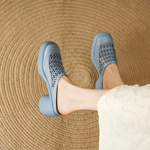 【预售5天】包头厚底凉拖女真皮外穿粗跟半拖新款夏季镂空网眼洞洞拖鞋MLD&AM930 商品图0