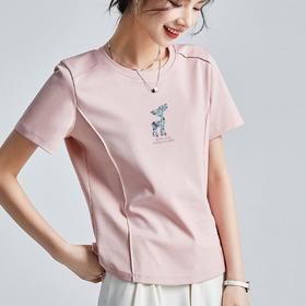 「自」全新升级【铂金会员109/天猫139/差价30】(21759)洛诗琳刺绣时尚圆领短袖T恤女2025夏季新款字母亮片刺绣上衣