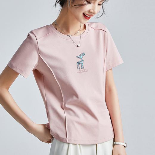 「自」全新升级【铂金会员109/天猫139/差价30】(21759)洛诗琳刺绣时尚圆领短袖T恤女2025夏季新款字母亮片刺绣上衣 商品图0