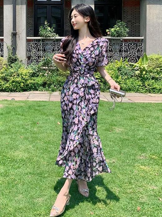 温柔风夏季新款碎花连衣裙子V领雪纺女装复古法式印花鱼尾茶歇裙 商品图4