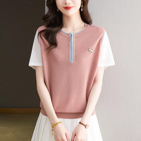 薄款休闲复古撞色，宽松百搭圆领半拉T恤CC-10-6367