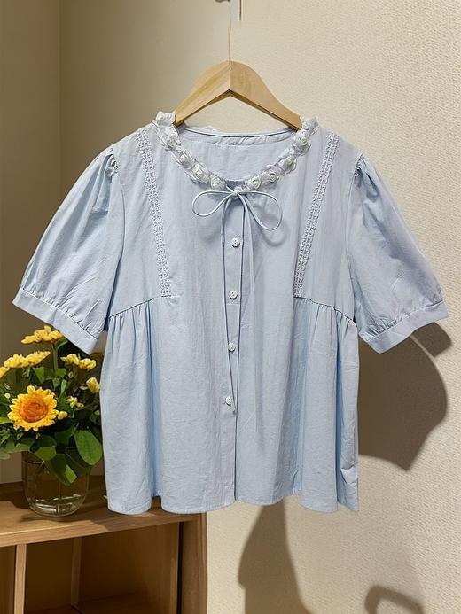 （夏季最后清仓）工艺系列～法式甜美手工钉珠蕾丝宽松短款百搭短袖（领口花环）小衫-喜出 商品图4