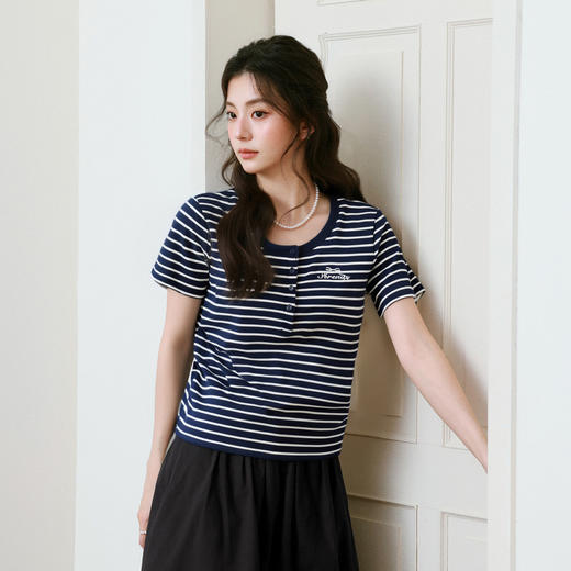 【积分换购不退货】【特惠不退货】诗凡黎圆领条纹T恤2024夏新款洋气短袖上衣3F5200521 商品图2