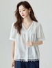 工艺系列～V 领压折蕾丝下摆。法式蕾丝薄棉短袖小衫-喜出 商品缩略图1
