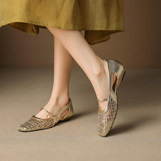 【预售5天】法式赫本风方头粗跟编织镂空包头凉鞋浅口单鞋女夏新款玛丽珍SY& G1438 商品图3