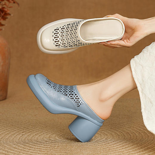 【预售5天】包头厚底凉拖女真皮外穿粗跟半拖新款夏季镂空网眼洞洞拖鞋MLD&AM930 商品图1