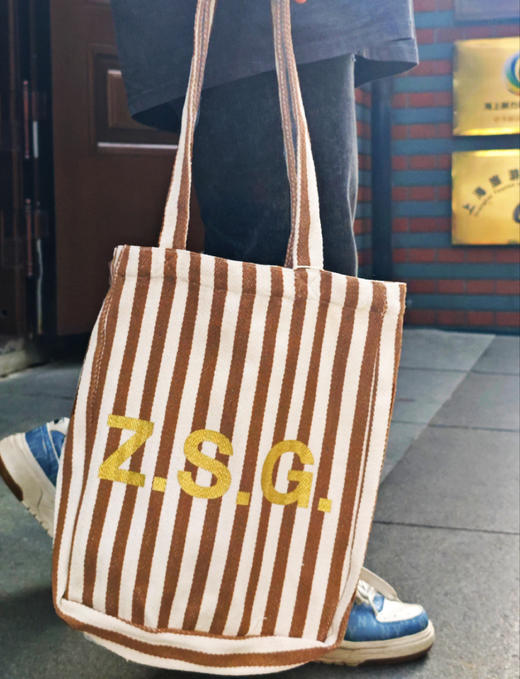 钟书阁ZSG条纹织布袋人字纹编织涤棉质感时尚帆布包单肩包手提包 商品图8