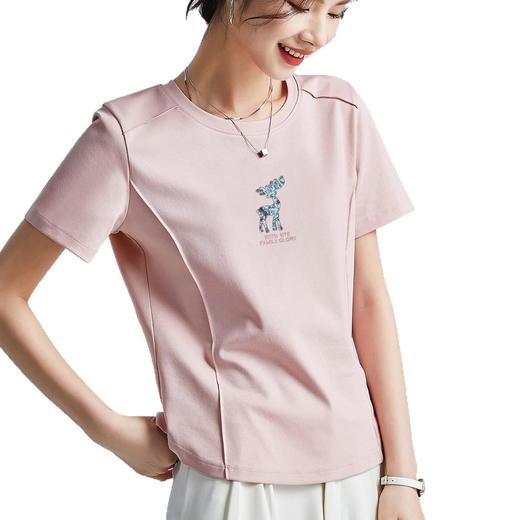 「自」全新升级【铂金会员109/天猫139/差价30】(21759)洛诗琳刺绣时尚圆领短袖T恤女2025夏季新款字母亮片刺绣上衣 商品图4