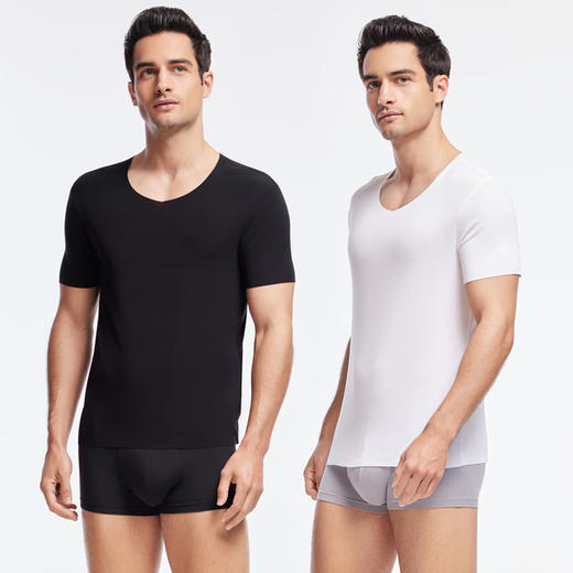 官网580！60s高弹丝滑莫代尔男士薄款无痕短袖T恤 随心裁打底衫家居服睡衣夏 商品图0