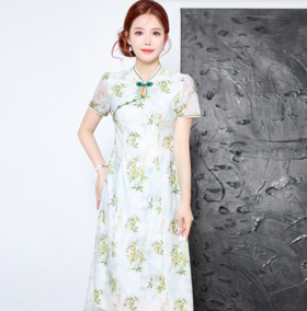 QYM H2975-Y古风竹叶花旗袍连衣裙中式修身连衣裙