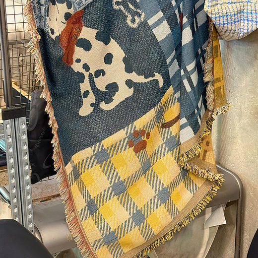 自然醒中古风艺术挂毯沙发毯复古美式田园格子拼接小狗针织毯午睡盖毯野餐布垫MT 商品图1