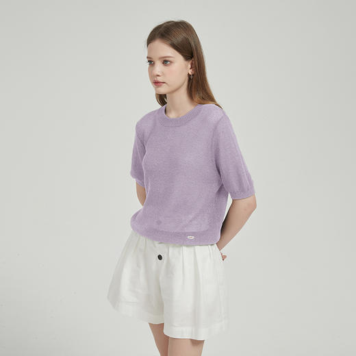 【2件9折】【Petit Bari】(多色)简约百搭圆领和纸纱短袖上衣针织 商品图1