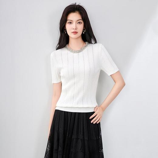 「高货wl」全新升级【铂金会员220/天猫299/差价79】(10614)洛诗琳法式轻奢气质镶钻圆领钩花修身显瘦短袖针织上衣 商品图1