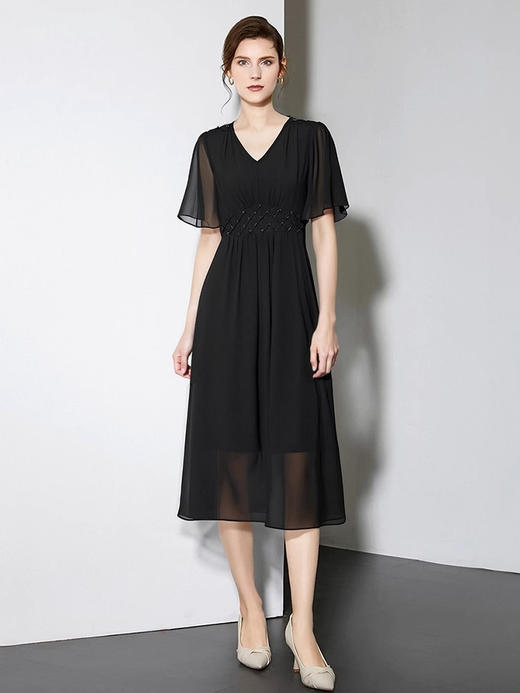 全新升级【铂金会员275/天猫369/差价94】(12509)洛诗琳连衣裙夏女2025新款女装纯色高级漂亮中长款法式黑色裙子 商品图2