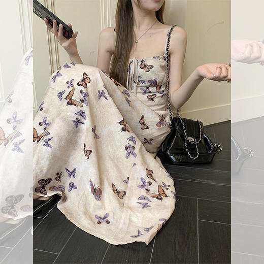 西遇露背吊带连衣裙女夏季新款蝴蝶印花系带法式收腰长裙SS050769 商品图2