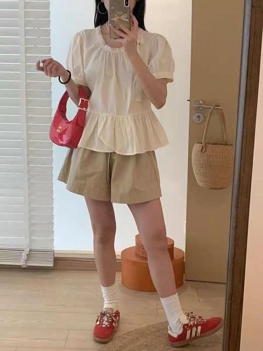 工艺系列～蕾丝飘带。2520蝴蝶结绑带甜美蕾丝天然棉小衫上衣-喜出 商品图5