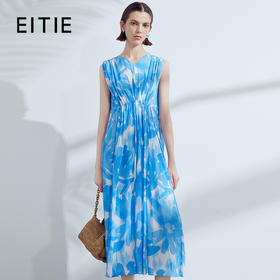 EITIE爱特爱夏季新款显瘦高腰百褶垂坠无袖印花连衣裙7807565