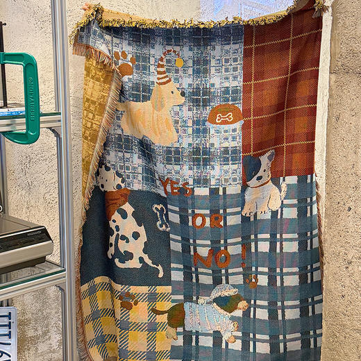 自然醒中古风艺术挂毯沙发毯复古美式田园格子拼接小狗针织毯午睡盖毯野餐布垫MT 商品图0