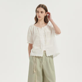 【2件9折】【Petit Bari】精致法式刺绣花边圆领短袖衬衫