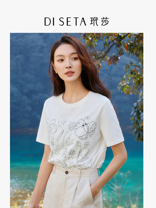 玳莎手绘风格印花T恤女2025年夏季新款时尚圆领通勤百搭短袖上衣 FB32108 商品图0