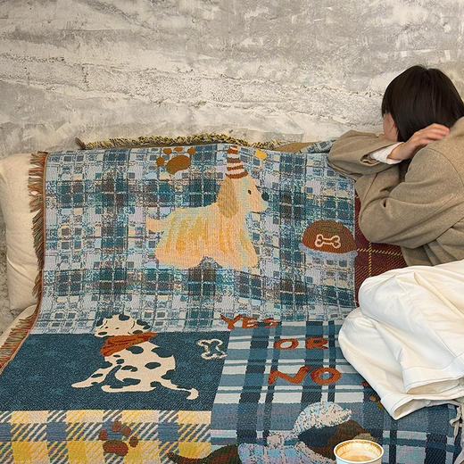 自然醒中古风艺术挂毯沙发毯复古美式田园格子拼接小狗针织毯午睡盖毯野餐布垫MT 商品图6